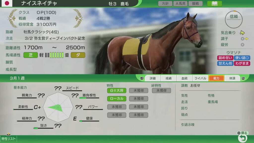 ウイニングポスト10の馬ステータス画面