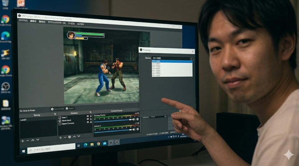 Windowsデスクトップ上で、ビデオキャプチャーソフト「AmaRecTV 3.10」の画面設定(Deviceタブ)ウィンドウが開いている。GV-USB2からの入力Formatとして「w=720, h=480, fps=29.97, fcc=YUY2」が選択されており、色の滲みが少ない高画質なプレビュー映像が安定して表示されている様子。日本人男性が満足げに見ている。アスペクト比16:9。