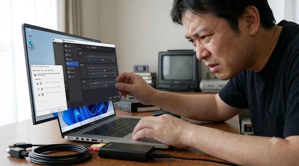 Windows11のデスクトップ画面で、GV-USB2のドライバ設定ウィンドウとOBS Studioのオーディオ設定画面が同時に開かれている様子。トラブルシューティングの文脈を示唆。