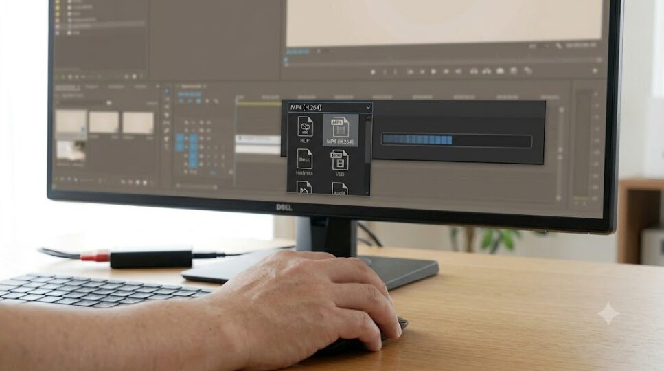 動画編集ソフトの書き出し画面で、出力形式として「mp4(H.264)」が選択されている様子。録画データの汎用化手順を視覚化。