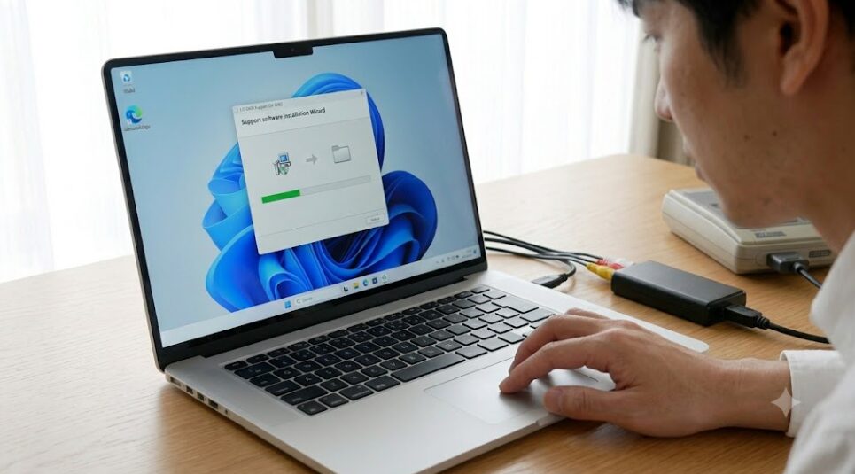 Windows11パソコンで、I-O DATAサポートソフトのインストールウィザードを進める日本人のユーザー。GV-USB2の正しい導入手順を視覚化。