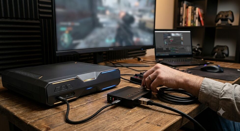 キャプチャーボードをゲーム機とモニターに接続してる様子