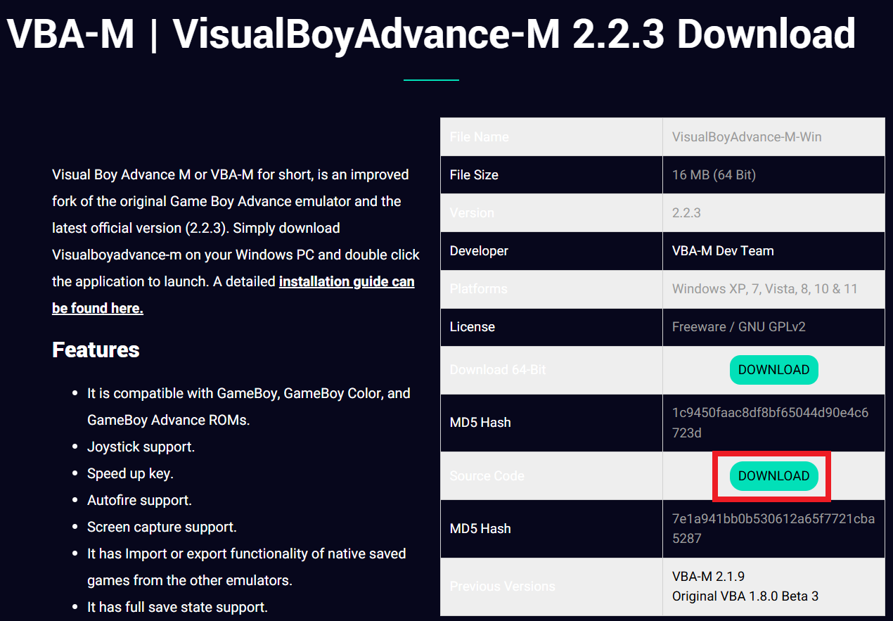 VisualBoyAdvanceDLページ