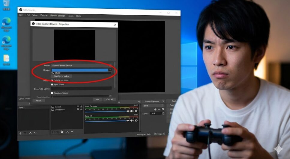 配信ソフトOBS Studioのプレビュー画面が真っ暗(ブラックアウト)になり、音声ミキサーのレベルメーターも反応していない状態。GV-USB2などの古いキャプチャーボードをDirectShow経由で直接読み込んだ際に発生する、典型的な不具合の様子。日本人男性が困惑してモニターを見ている。アスペクト比16:9。