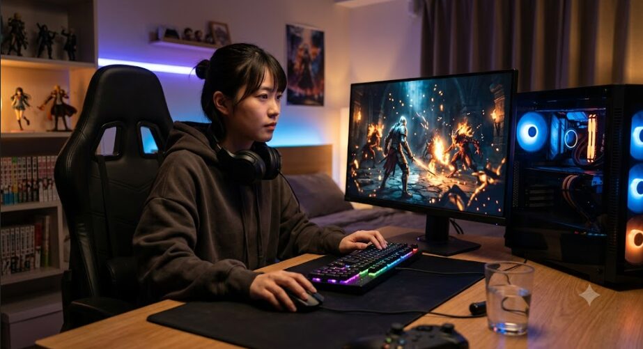 PCでゲームをプレイしてる女性の画像