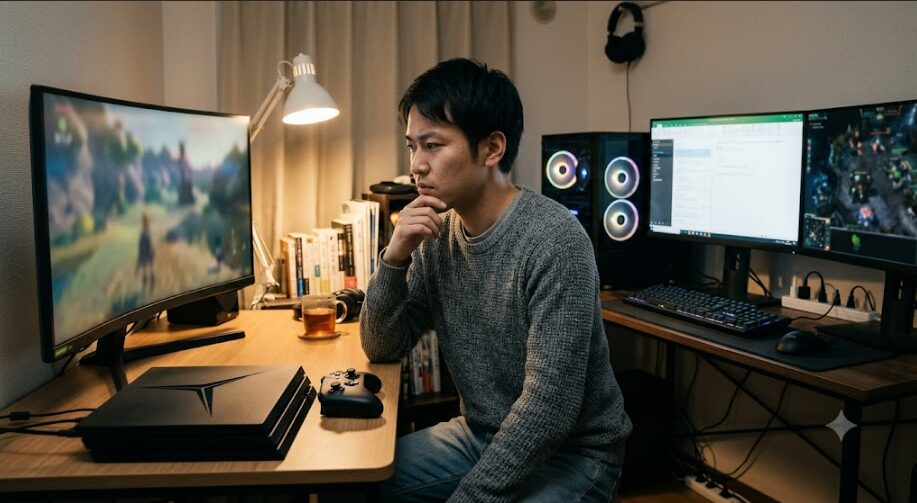 PCとゲーム機で悩む男性