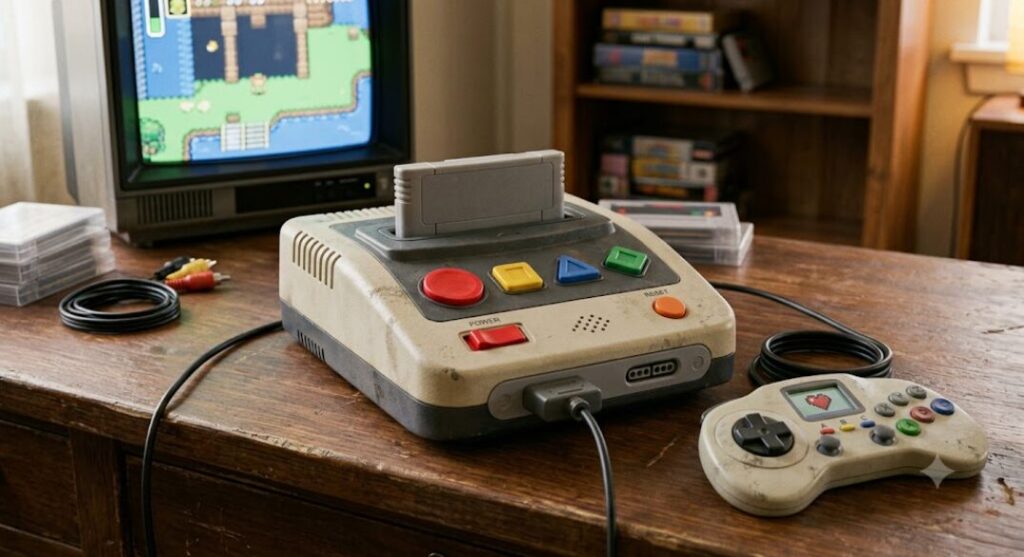 レトロゲームの互換機がブラウン管に接続されてる様子