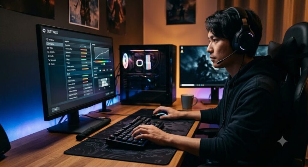 PCでゲームの設定をしてる画像