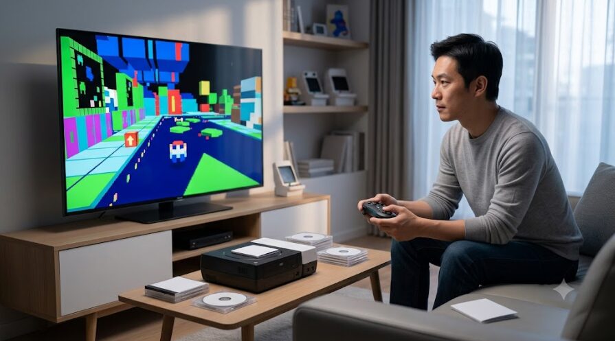 レトロゲームをプレイしてる男性の画像