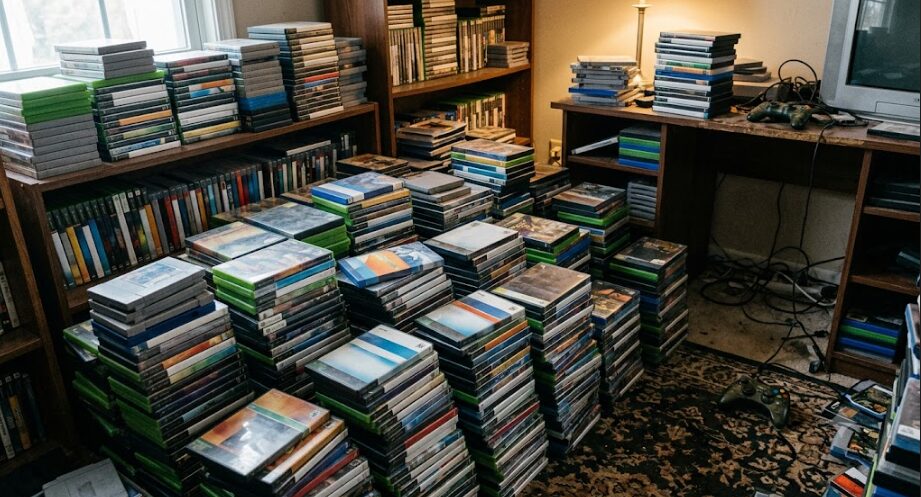大量に積まれたゲームとそのケースの画像