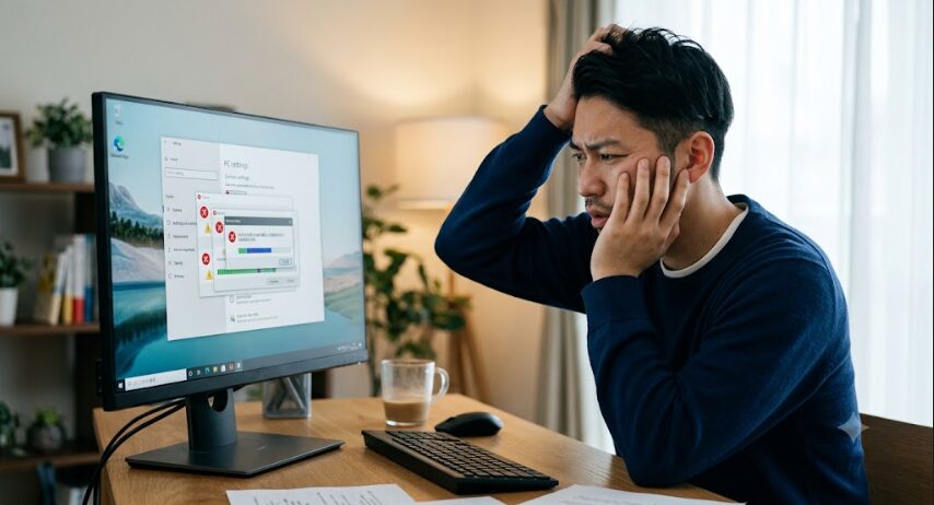 PC設定で悩んでる男性の画像