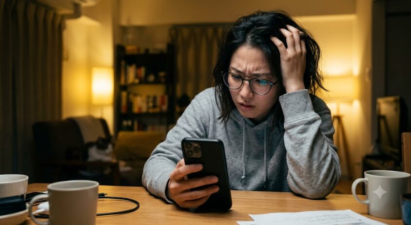 スマホの操作が上手くいかなくて悩む女性